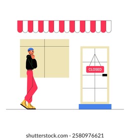 Closed Storefront, Man Walking Past Shut Business in Flat Vector Illustration Symbolizing Retail Closure, Economic Downturn, and Business Shutdown, Isolated on White Background