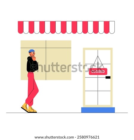 Closed Storefront, Man Walking Past Shut Business in Flat Vector Illustration Symbolizing Retail Closure, Economic Downturn, and Business Shutdown, Isolated on White Background