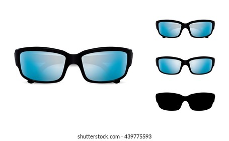 Closed Sunglasses. Modern style. Set includes isolated design, simply front and silhouette. Vector design.