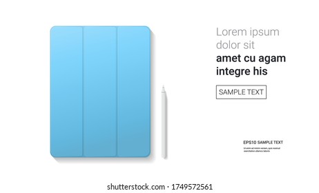 closed tablet with stylus isolated on white background realistic mockup gadgets and devices concept horizontal copy space vector illustration