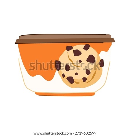 Closed takeaway container showing a delicious chocolate chip ice cream scoop, representing a sweet frozen dessert snack in a convenient package ideal for immediate consumption