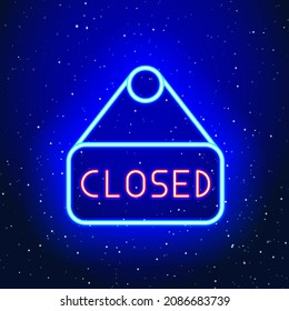 Closed text signage icon design with neon blue hanger. Closed shop and signage. Rope hanging signboard sign. Unique and realistic neon icon. Linear icon on blue background.