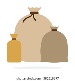 Closed textile bags different sizes with contents vector flat material design isolated on white