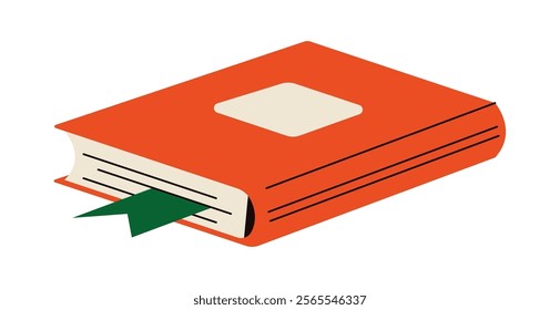 Closed thick book with hardcover and bookmark flat color vector object. School textbook with blank tag illustration on white background