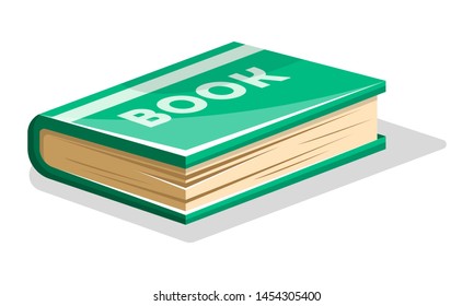 Closed thick green book with lettering Book on hard cover. Vector cartoon icon for writing competitions, library, publishing houses, bookshops, reading clubs isolated on white background.