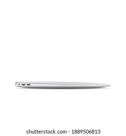 Closed thin laptop with USB ports. Portable computer isolated on white background