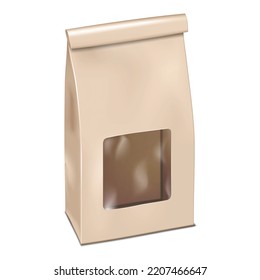 Closed tin tie paper bag with clear plastic window vector mockup. Resealable blank package for coffee, tea, snacks and other foods mock-up