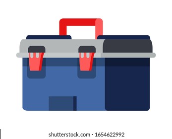 Geschlossene Toolbox einzeln auf weißem Hintergrund. Klassischer Baukoffer für Instrumente. Handle Toolkit für den Berater, Klempner, Konstruktor, Autotechniker. Vektorillustration