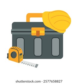 Closed toolbox with tools inside. Worker's toolkit. Toolbox with working helmet and tape measure in flat style. Vector illustration.