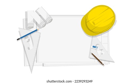 Paro de casco amarillo de la parte superior de la vista de arriba cerrado sobre la huella azul y la pluma y el lápiz y la herramienta de dibujo de borrador y regla para la ingeniería y la construcción diseño plano gráfico ilustración de fondo vector