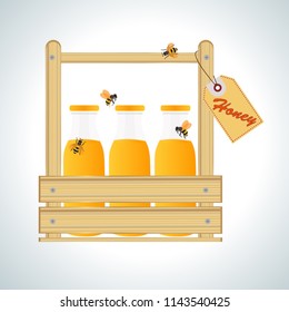 Closed traditional glass bottle of natural honey in wooden box and price tag logo on background. fly bee isolated.Tag vector illustration.