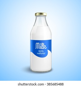 Closed traditional glass bottle of natural milk with glossy cap isolated vector illustration