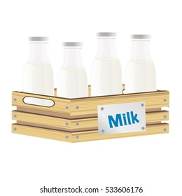 Closed traditional glass bottle of natural milk in wooden box and blue logo isolated on white background. vector illustration.