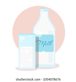 Closed traditional glass, plastic bottle of natural  fresh milk. Full glass with milk and bottle set. 
Modern flat style vector illustration icons. 
Isolated on white background.