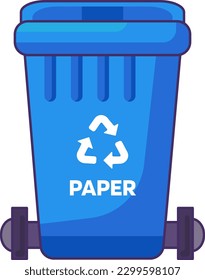 Contenedor cerrado transportable con tapa para el almacenamiento, reciclado y clasificación de residuos de papel doméstico usados. Caja de basura cerrada vacía y llena con el signo de reciclaje. vector de contorno simple de dibujos animados