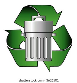 Closed trash can and recycle symbol over white background