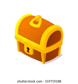 Closed treasure chest for game. Wooden chest on white background. Locked dower chest. Vector illustration