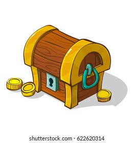 Closed treasure chest for game. Wooden chest on white background. Locked dower chest. Vector illustration