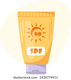 Closed tube of sunscreen. Cream with SPF blocks the sun's rays. Product for the “Summer Protection” set. Sun safety vector illustration.