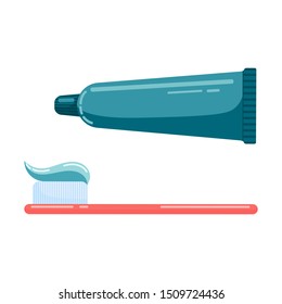  Closed tube of toothpaste and toothbrush in flat style isolated on white background.  Vector illustration