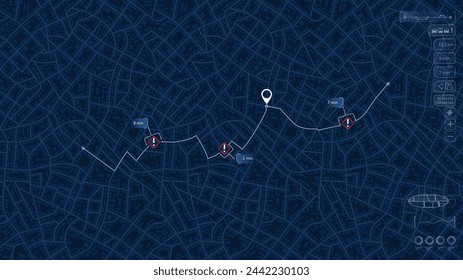 Closed turns on road, highway disruptions. Accident road. Traffic detours on map. Location tracks dashboard. Generic city map with streets and houses. Vector illustration