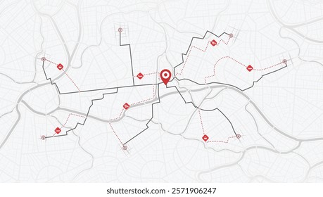 Closed turns of the route., district, road. Detailed view city. Isometric city navigation, GPS map. Vector Illustrations of Urban districts. landmarks. Isometric View. City top view. Red Sign