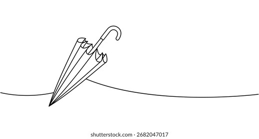 Paraguas cerrado en línea continua estilo de arte minimalista, elegante diseño de Vector de sombrilla plegada para protección contra la lluvia y accesorio de viaje
