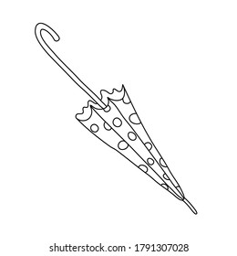 Closed umbrella decorated with polka dots in doodle style. Isolated outline. Hand drawn vector illustration in black ink on white background. Great for  coloring books.