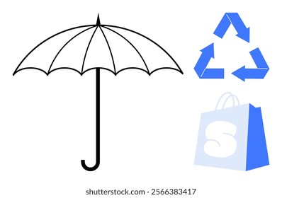 Closed umbrella next to blue recycling symbol and shopping bag. Ideal for themes of sustainability, environmental protection, eco-friendly practices, shopping, and weather protection. Minimalist