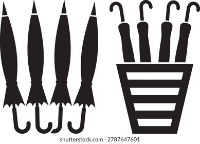 Closed umbrellas arranged in a holder and standing alone outdoors.