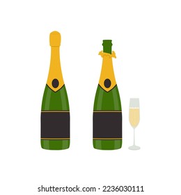 Closed and uncorked champagne bottle with glass of sparkling wine isolated on white background. Flat vector illustration. Holiday toast