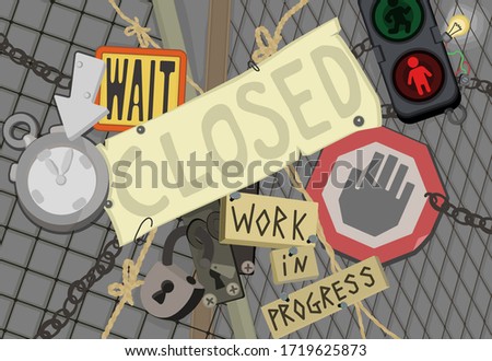 Closed under construction doors gate and wire fence, many locks and warning signs, vector cartoon color illustration, horizontal
