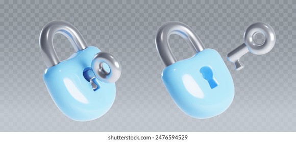 Closed and unlock of pad lock with key. Realistic 3d vector illustration set of safety and secure symbol. Cute cartoon render blue locker on transparent background for protection and privacy concept.