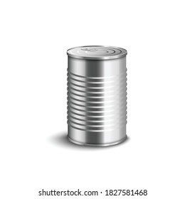 Closed unpacked corrugated aluminium tin can side view 3d realistic vector illustration isolated on white background. Conserve cylindrical jar for package presentation.