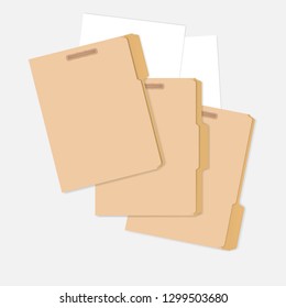 Closed variously tabbed file folders with interior fastener to keep documents and white paper sheets, letter size. Vector mock-up.
