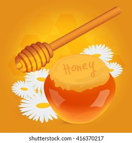Closed Vector Honey Pot And Stirring Stick With White Chamomiles On Yellow Cell Background, Organic