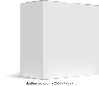 Closed vertical rectangular white cardboard box packaging mockup casting a shadow is standing on white background, creating a minimalist and elegant composition for showcasing product design