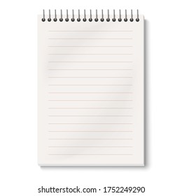 Closed view of opened spiral notepad with lined pages mock up isolated on white background. Vector illustration.