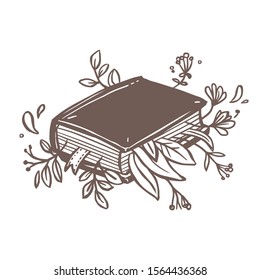 Closed vintage book with bookmarks and flower bouquet, plants, foliage and leaves between pages.  Vector creative and unusual concept for bookstore, literature club or library. Sketch freehand drawing