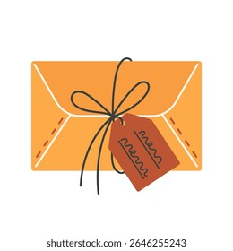 Closed vintage letter, vector icon. Cute envelope tied with string, tag with handwriting wish. Message from a pen pal, postcard, invitation. Postal correspondence, paper parcel. Flat cartoon clipart