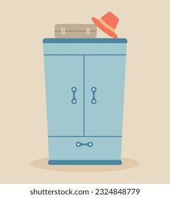 Closed wardrobe with a suitcase and a hat on top of the wardrobe.Room interior element cabinet to create apartments design. Vector illustration in flat style