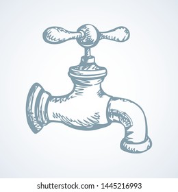 Closed watery tap used for wash dishes in kitchen sink. Freehand line black ink hand drawn watertap pictogram emblem sketchy in art doodle cartoon style pen on white paper space for text. View closeup