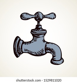 Closed watery tap used for wash dishes in kitchen sink. Freehand line black ink hand drawn watertap pictogram emblem sketchy in art doodle cartoon style pen on white paper space for text. View closeup