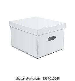 Closed white cardboard box with holes for hands. For storage or other purpose. Vector illustration for your design