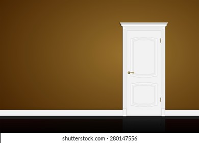 Closed white door on brown wall background. Vector