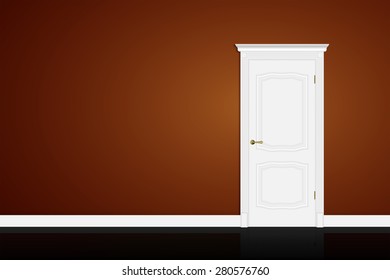 Closed white door on brown wall background. Vector