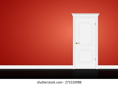 Closed white door on red wall background. Vector