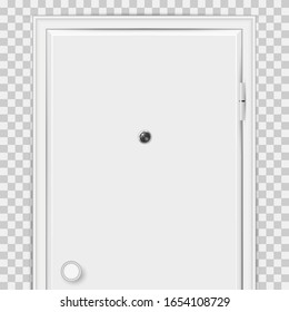 Closed white door with door peephole close-up isolated on transparent background. Vector illustration.