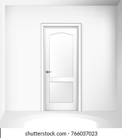 Closed white entrance door on white wall. Realistic vector illustration.