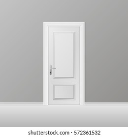 Closed white entrance door. Realistic vector illustration.